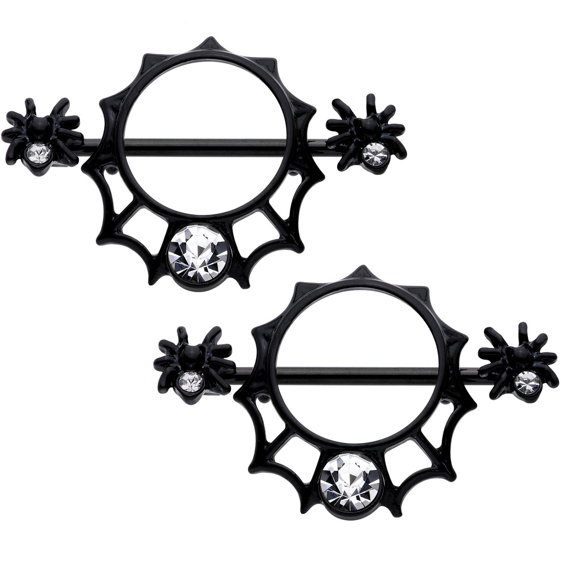 14G 9/16 Clear Gem Black Spider Web Nipple Shield Set