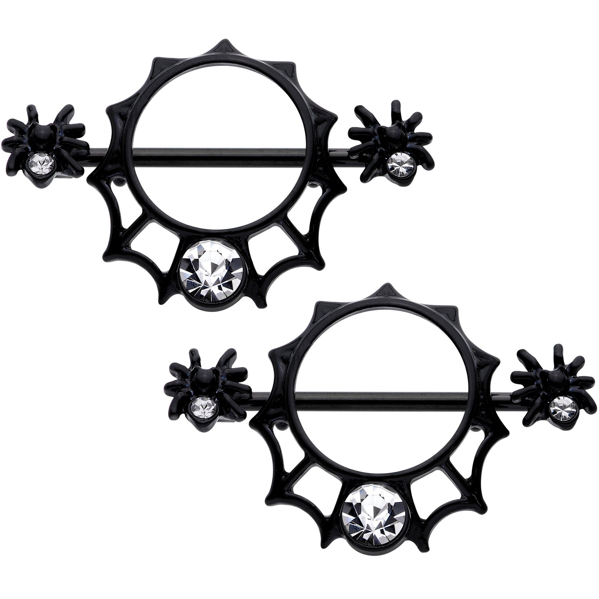 14G 9/16 Clear Gem Black Spider Web Nipple Shield Set