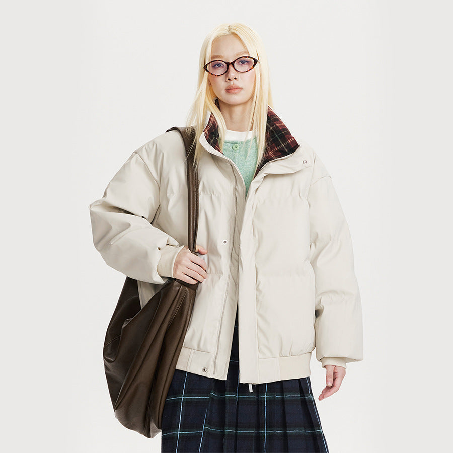 Winter Puffer Jacket with Stand-Up Collar and Plaid Lining - Image 2