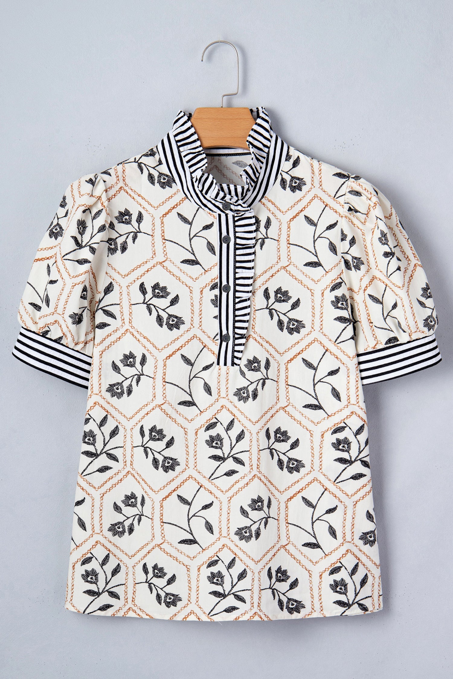 Women's Floral Stripe Patchwork Button Neck Blouse