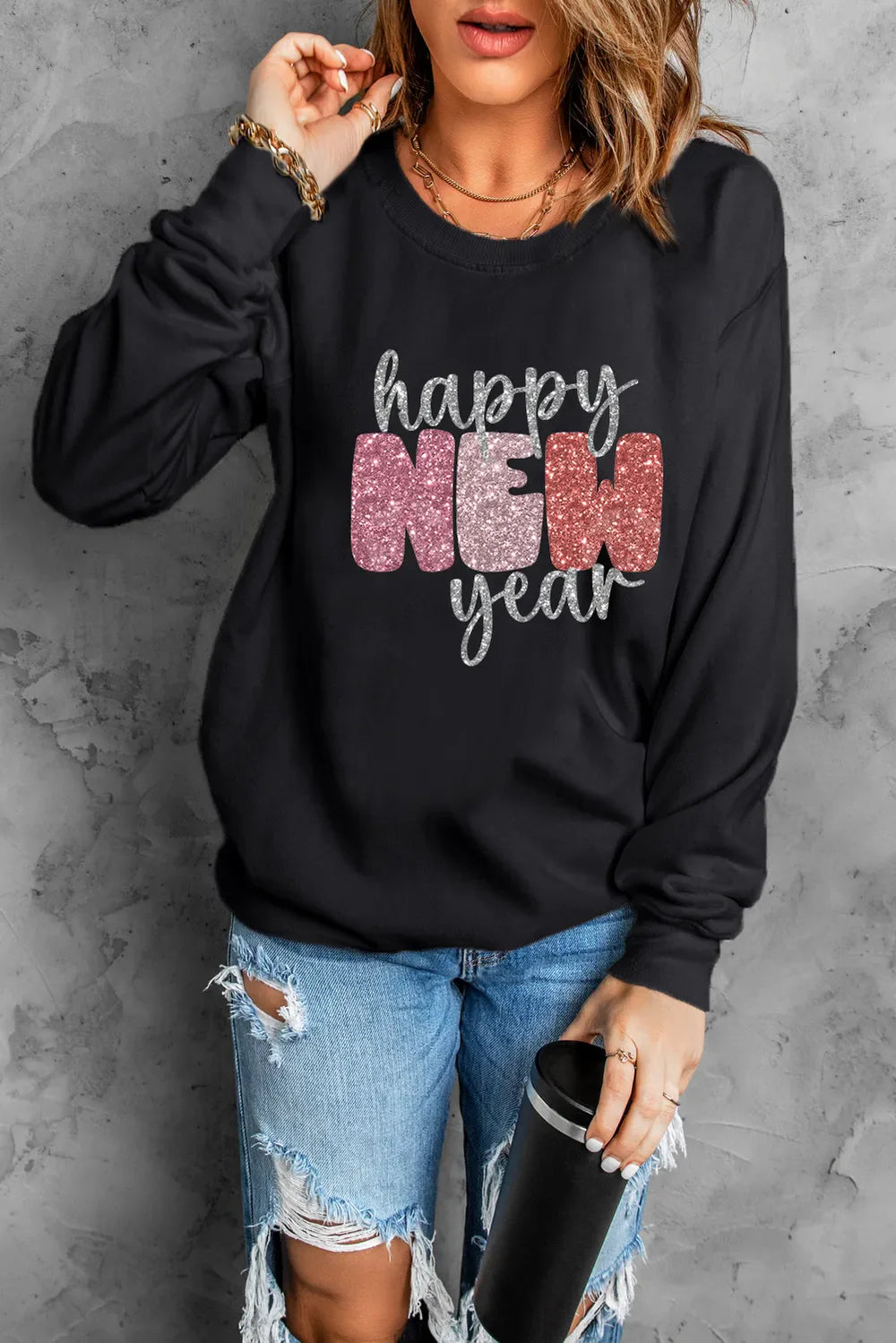 HAPPY NEW YEAR Glitter Sweatshirt | Round Neck Cotton Blend