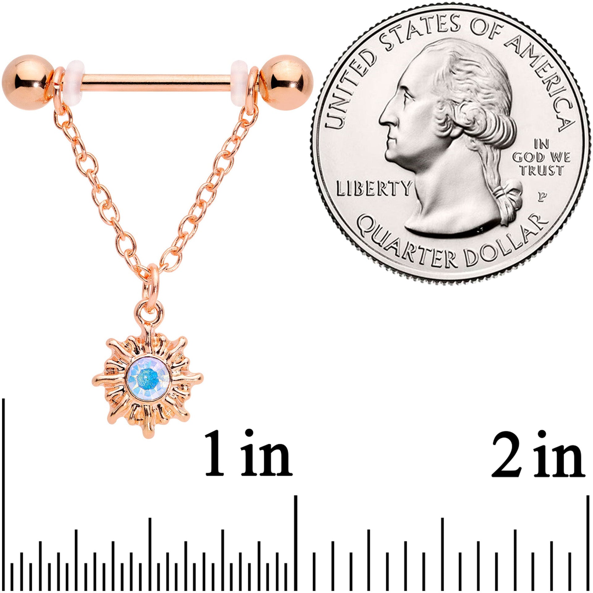 14G 5/8 Aurora Gem Rose Gold Tone Moon Sun Dangle Nipple Ring Set