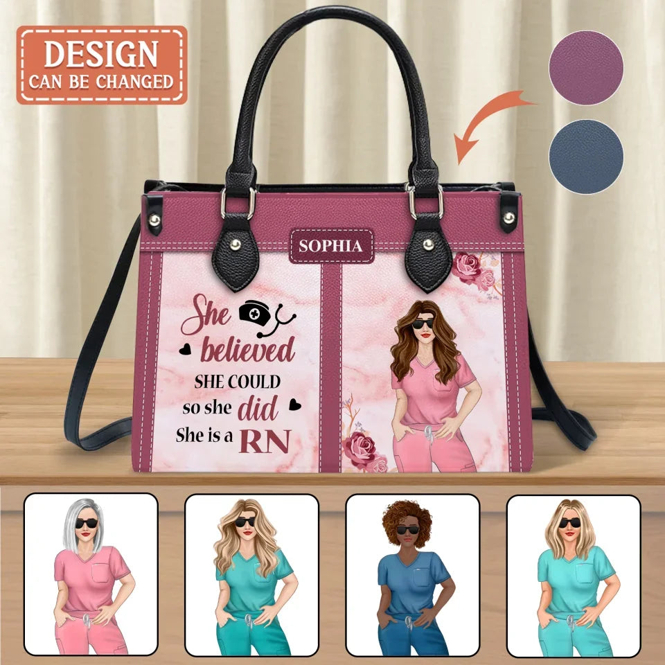 Personalized Nurse PU Leather Handbag With Long Straps - Gift Idea For Nurse/Mother/Daughter - She Believed She Could, So She Did