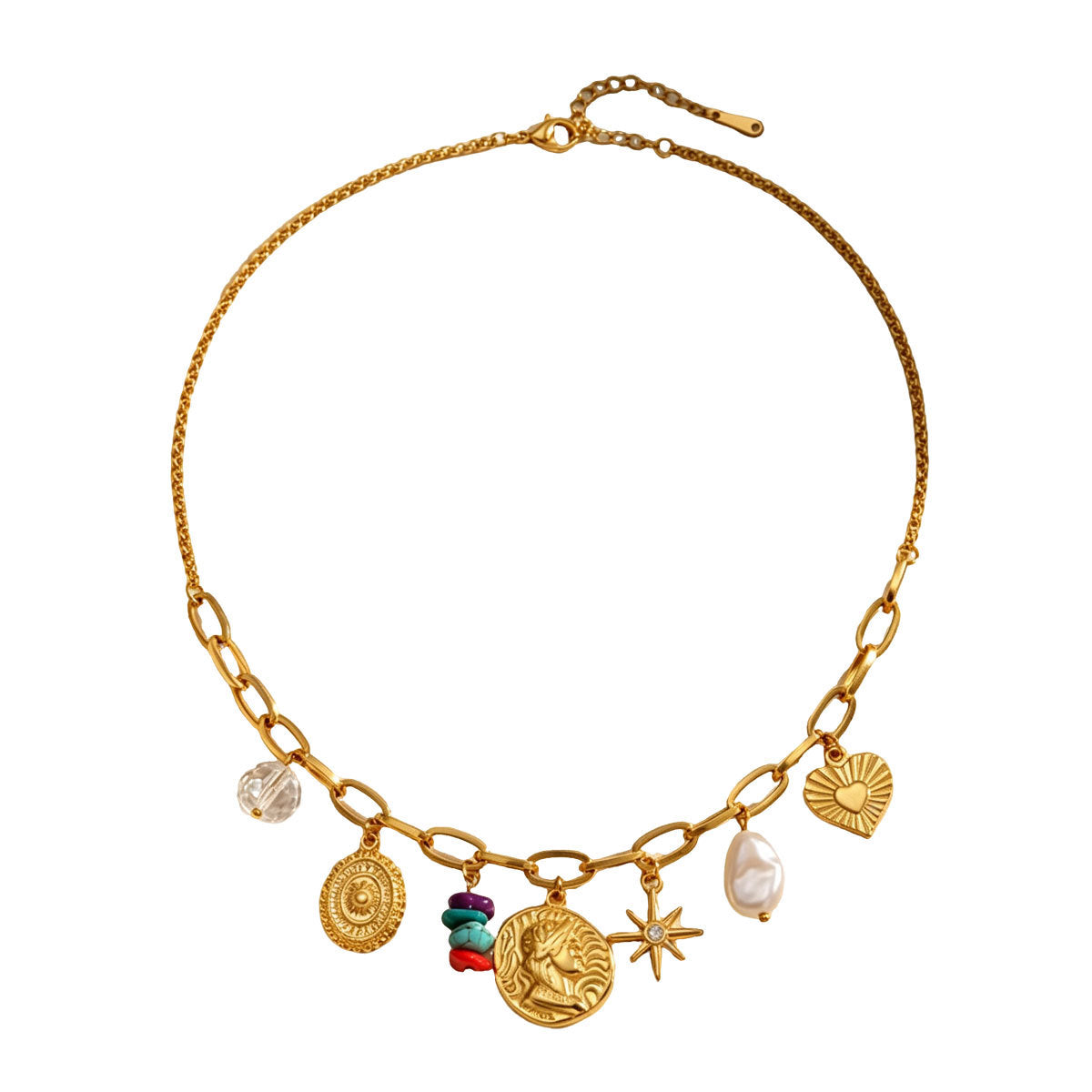 Women Boho Paperclip Multi Charm Necklace, Vintage Portrait Coin Heart Starfish Synthetic Turquoise Faux Pearl Pendant Gold Plated Retro Beach Vacation Daily Jewelry Gift