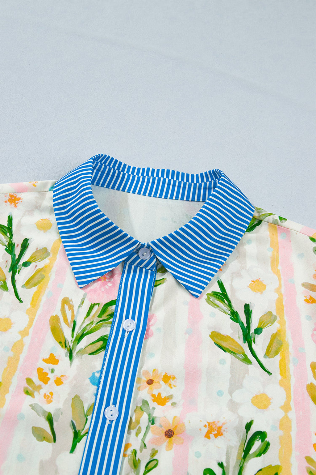 Floral Shift Dress with Stripe Trim and Button Down Front