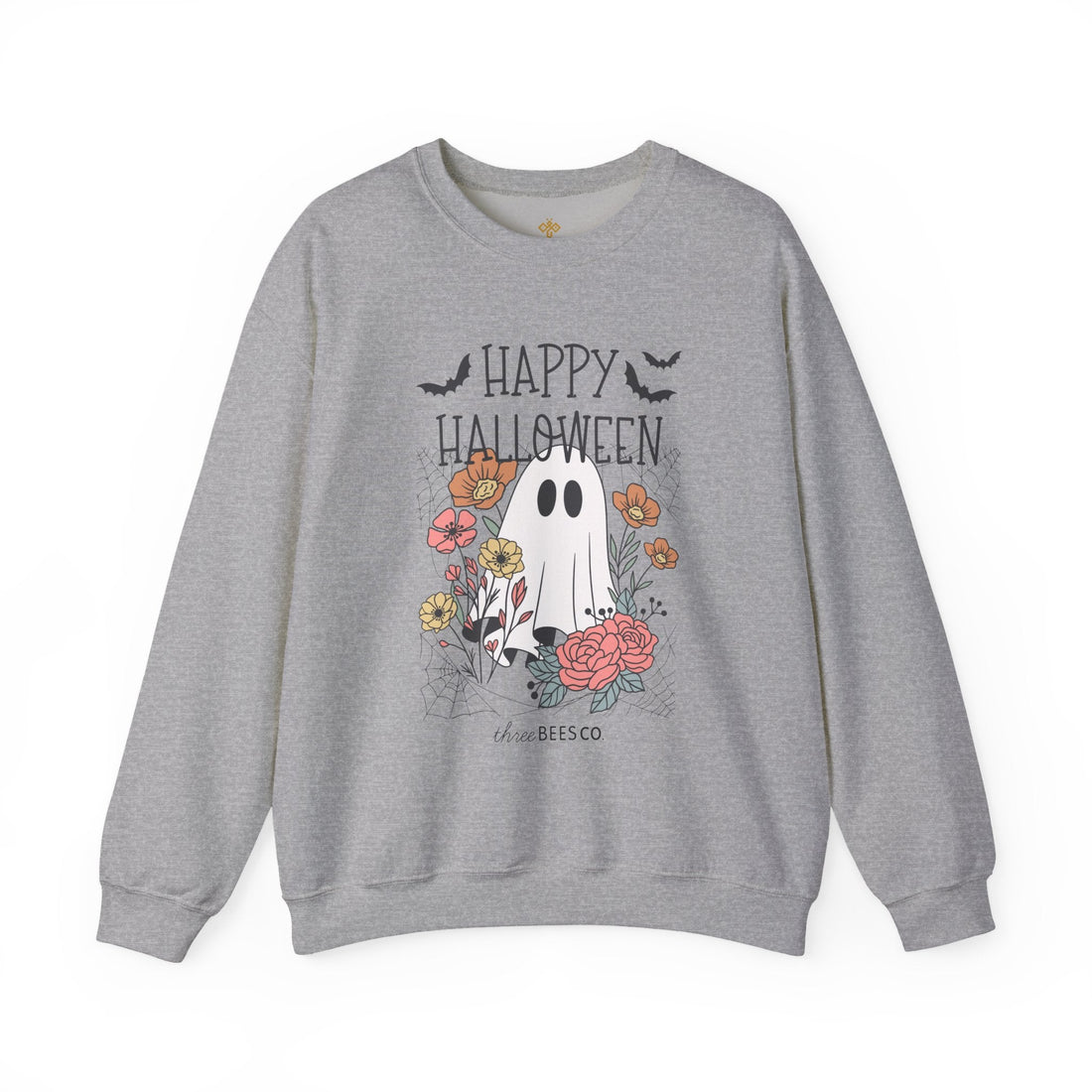 Happy Halloween Ghost Floral Sweatshirt | Cozy Gildan Unisex Crewneck, Three Bees Co. Fall Fashion, Halloween Apparel, Spooky Season Essentials