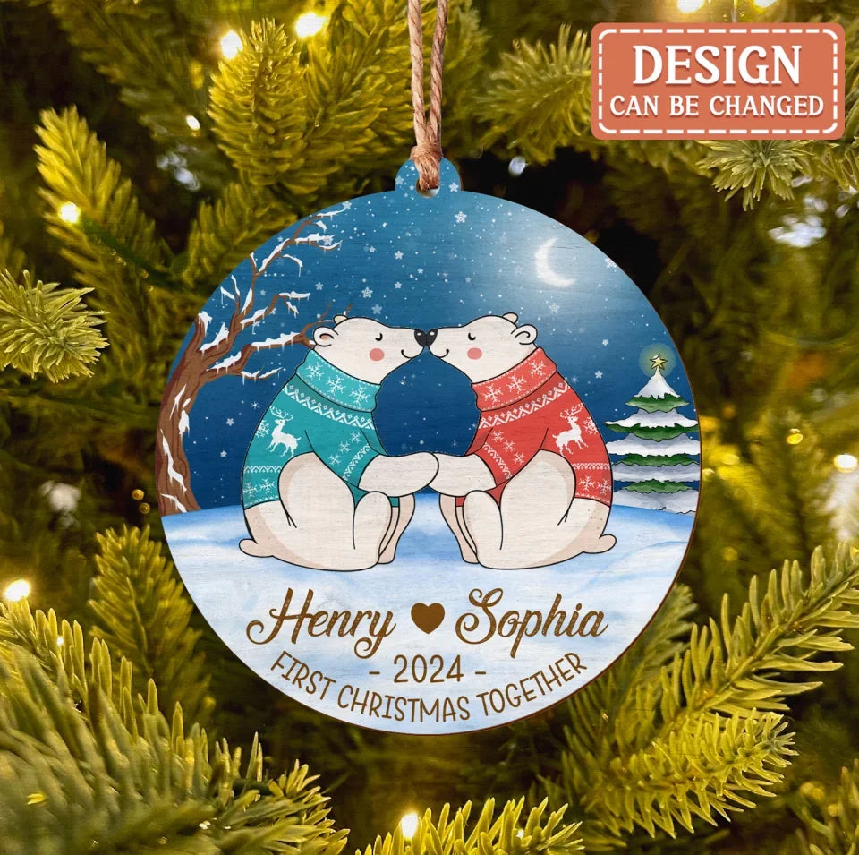 Personalized Family Bear Wooden Ornament - Christmas Gift Idea For Family/Parents With Kids - First Christmas Together