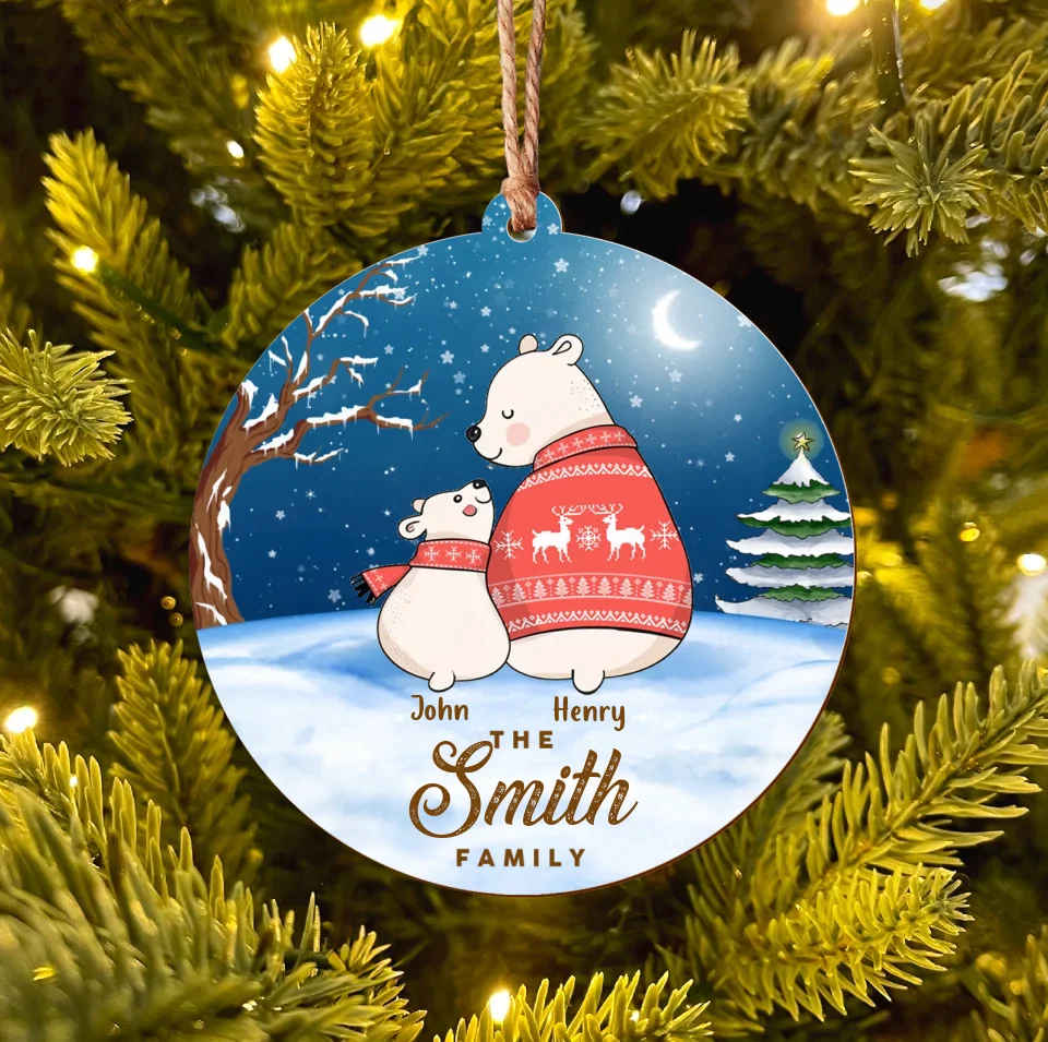 Personalized Family Bear Wooden Ornament - Christmas Gift Idea For Family/Parents With Kids - First Christmas Together