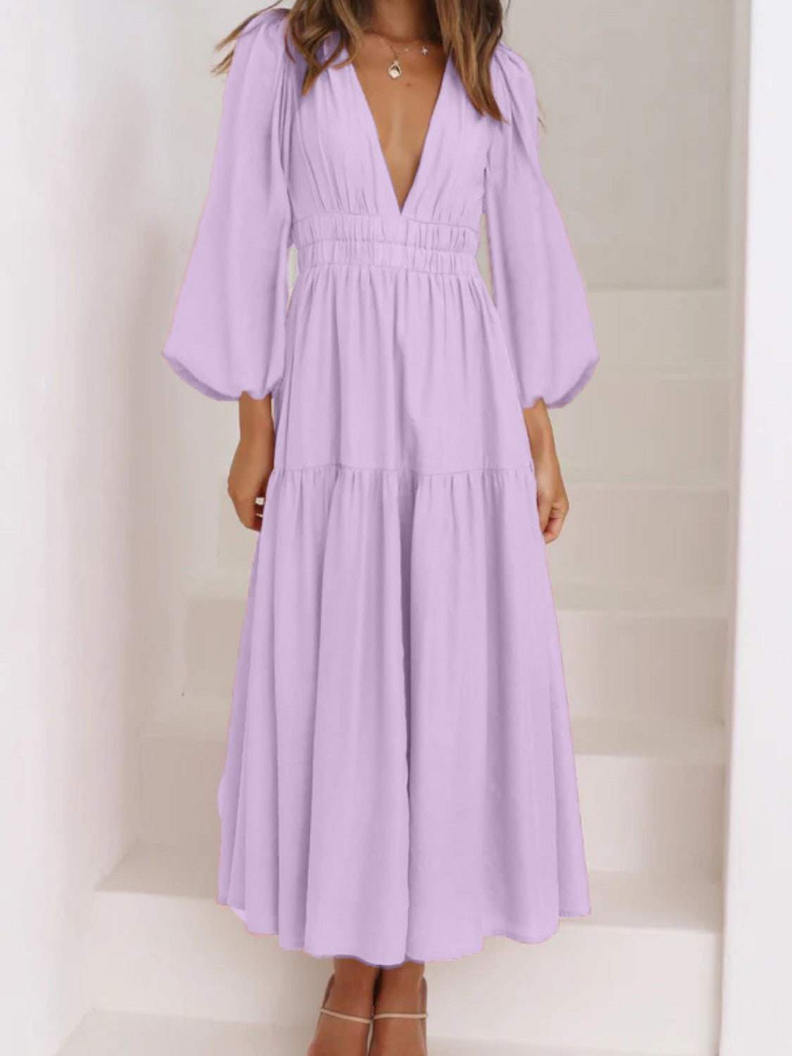 Bohemian Deep V-Neck Maxi Dress with Dramatic Balloon Sleeves