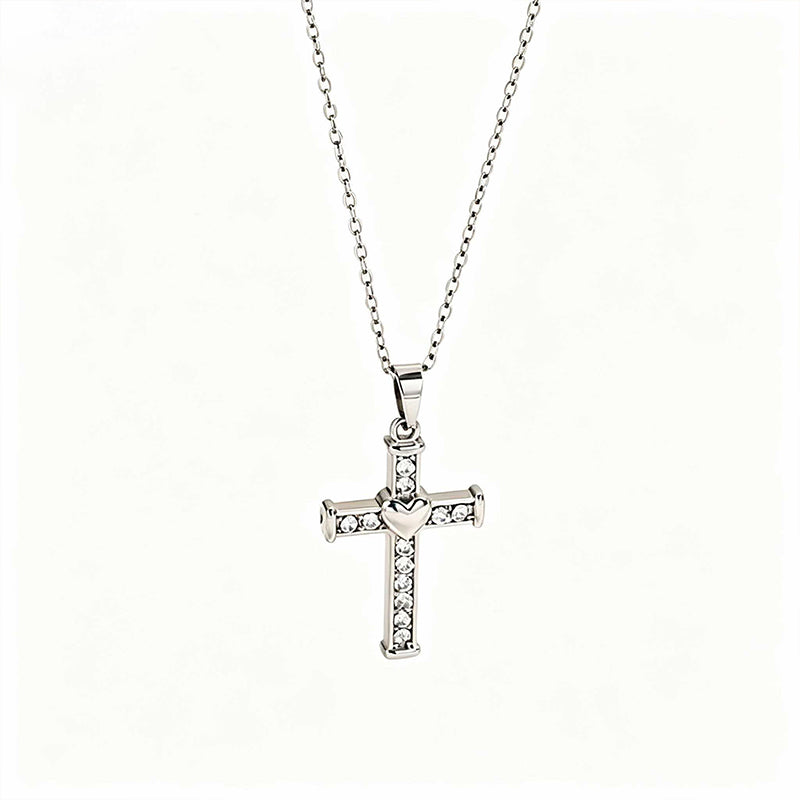 Heart-Shaped Cross Pendant Necklace with Rhinestones in Gold/Silver