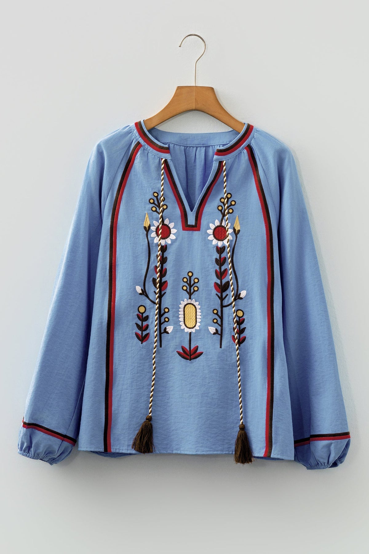 Floral Embroidered Tassel-Tie Puff Sleeve Blouse
