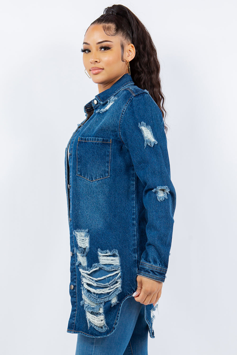 American Dark Blue Bazi Distressed Button Up Long Sleeve Jacket