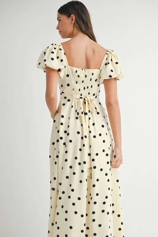 Vintage Polka Dot Puff Sleeve Midi Dress with Retro Flutter
