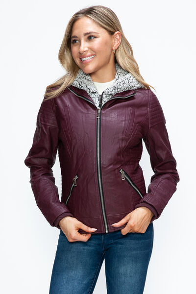 Dual-Zipper Layered Jacket with Fuzzy Hood in Burgundy and Grey