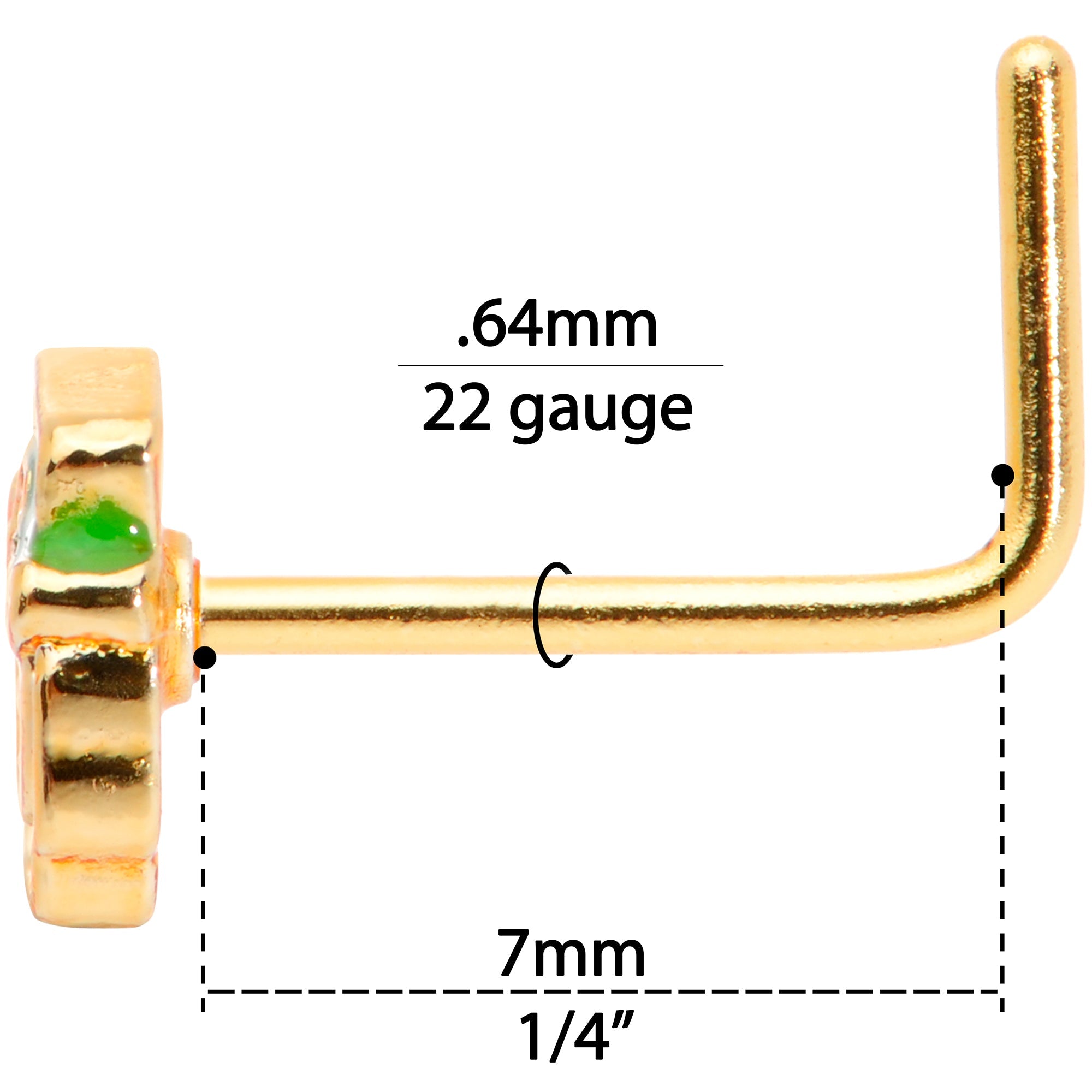22G 5/16 Green Gold Tone Lucky Leprechaun L Shaped Nose Ring