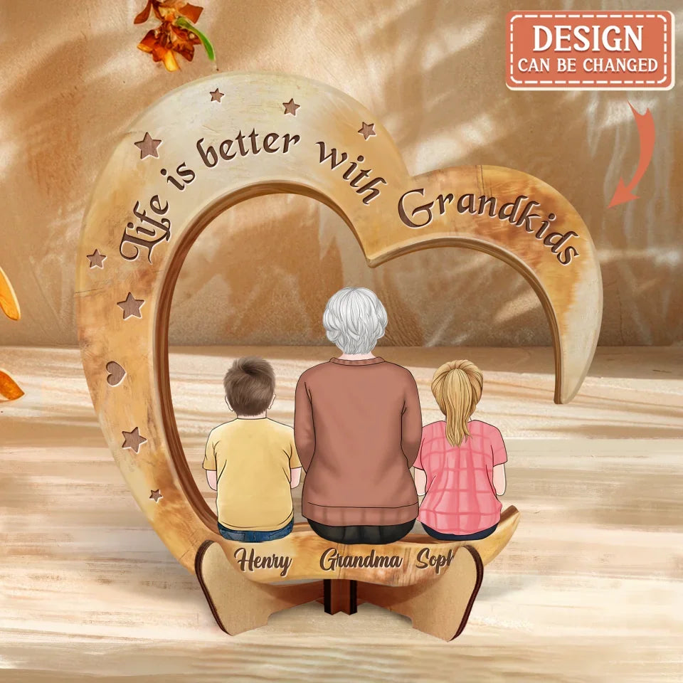 Personalized Grandma & Grandkids Heart Wooden Art - Gift Idea For Grandma/Grandpa/Grandkid - Life Is Better With Grandkids