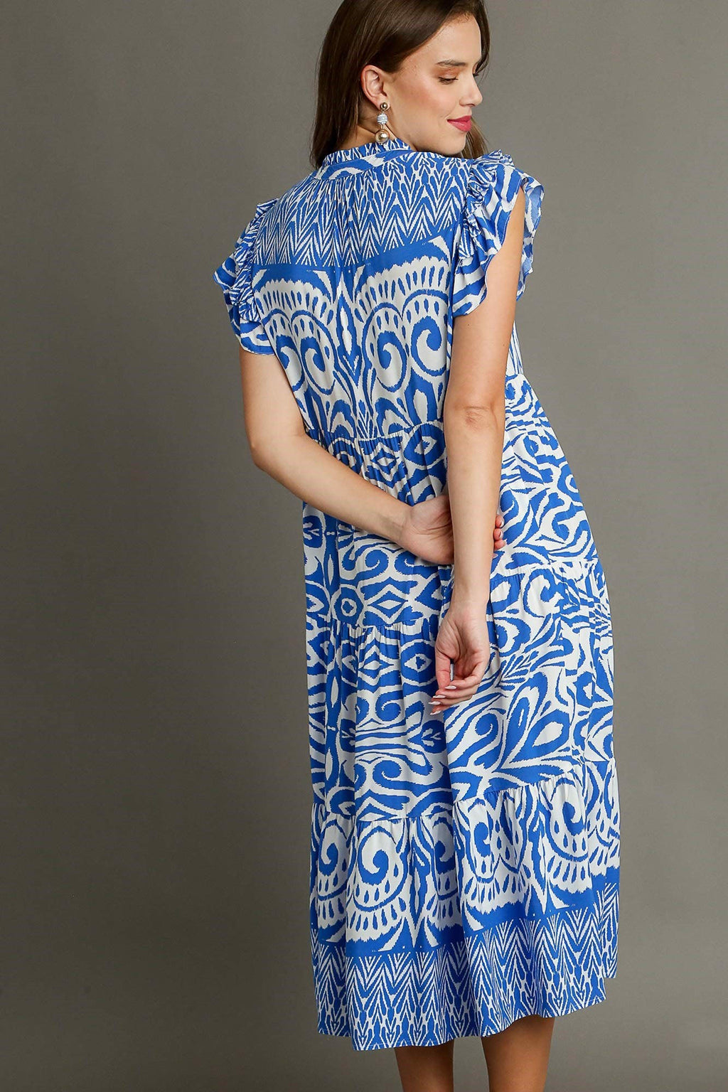 Blue Two-Tone Abstract Print Ruffle Cap Sleeve Midi Dress