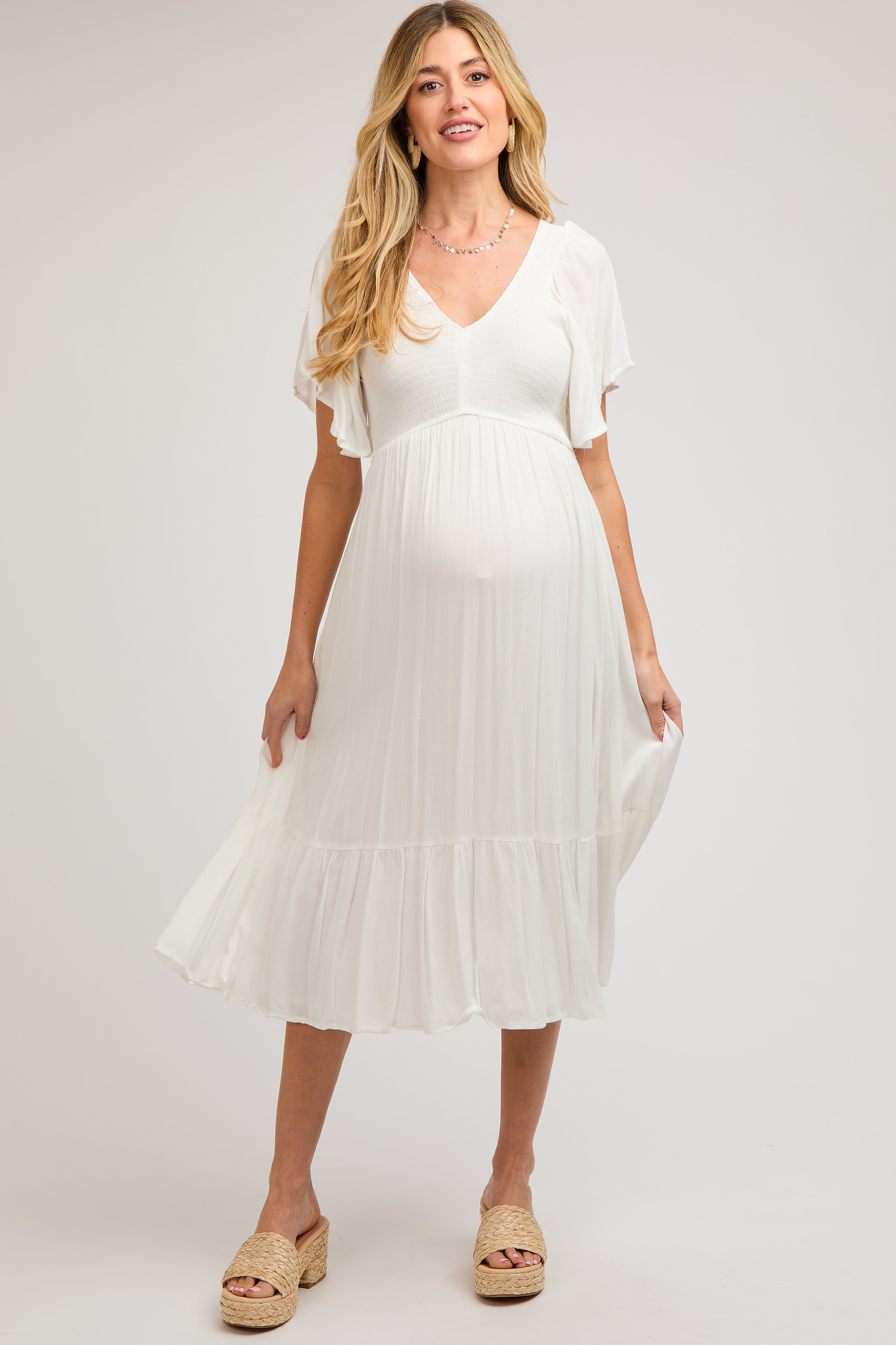 Ivory Smocked Ruffle Maternity Dress