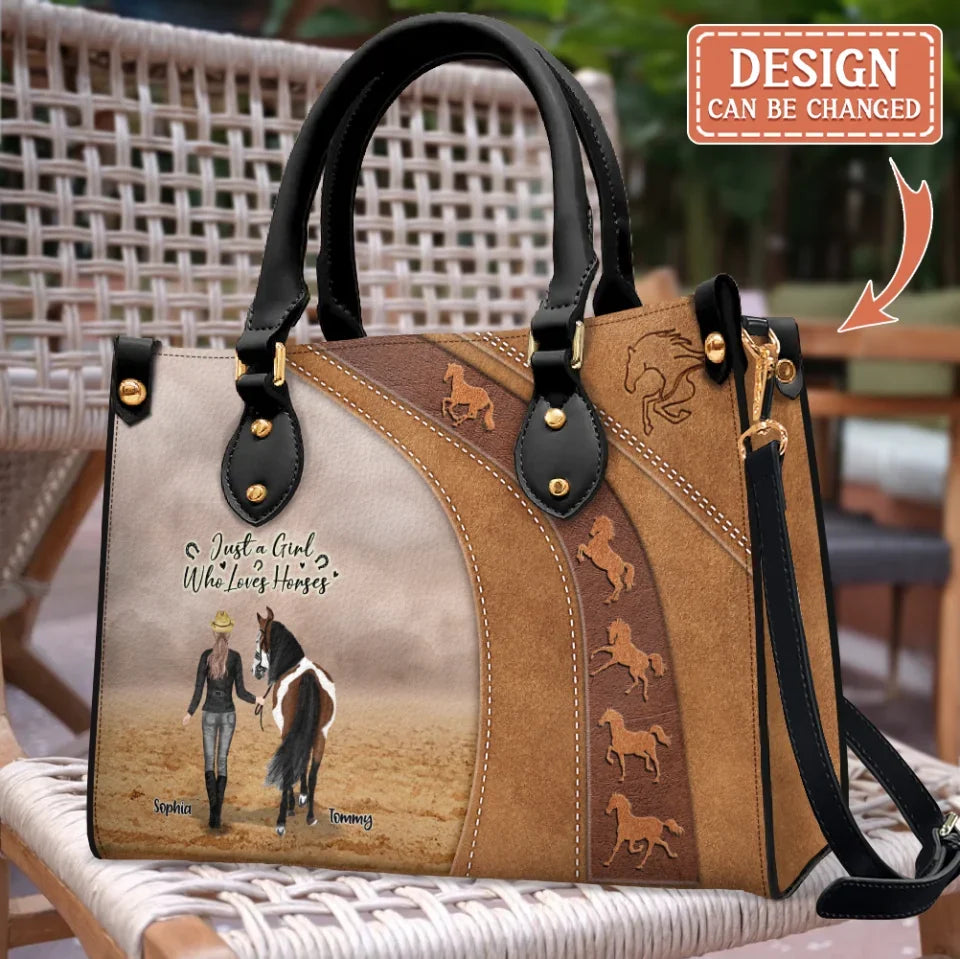 Personalized Horse Girl PU Leather Handbag With Long Straps - Mother's Day Gift Idea For Horse Lover - Up to 6 Horses - Just A Girl Who Loves Horses