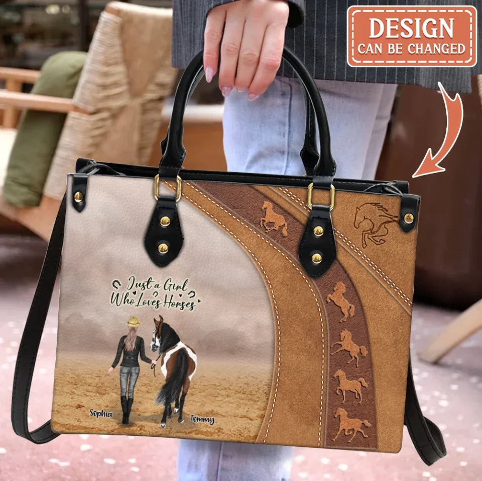 Personalized Horse Girl PU Leather Handbag With Long Straps - Mother's Day Gift Idea For Horse Lover - Up to 6 Horses - Just A Girl Who Loves Horses