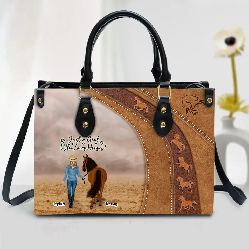 Personalized Horse Girl PU Leather Handbag With Long Straps - Mother's Day Gift Idea For Horse Lover - Up to 6 Horses - Just A Girl Who Loves Horses
