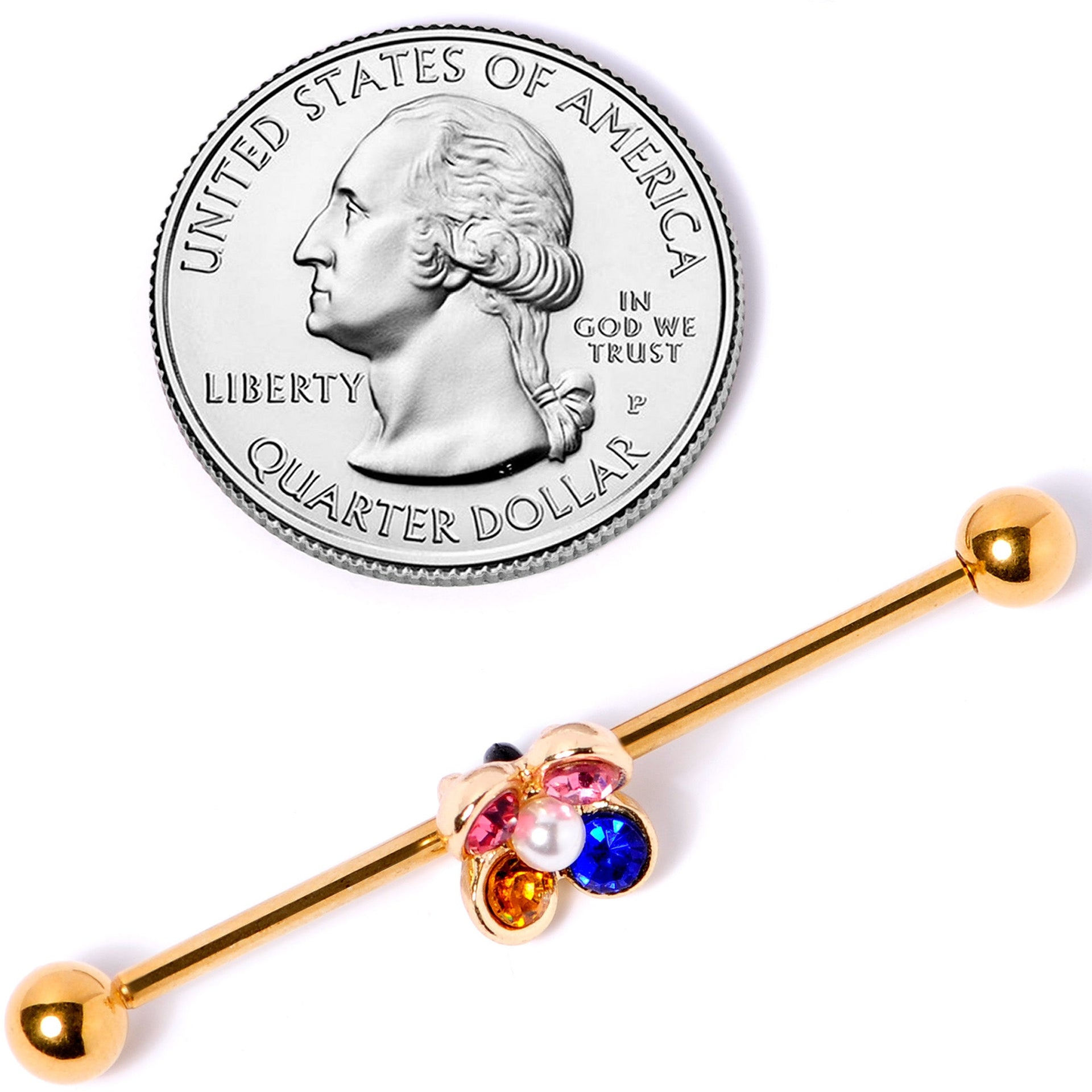 14G Pink Blue Yellow Gem Gold Tone Flower Industrial Barbell 38mm