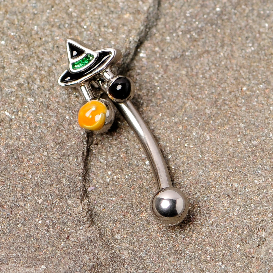 16G 5/16 Black Green Witches Hat Halloween Curved Eyebrow Ring