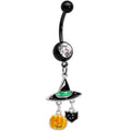 Black curved barbell belly button ring with witch hat, pumpkin, and cat charms, featuring a clear accent gem.