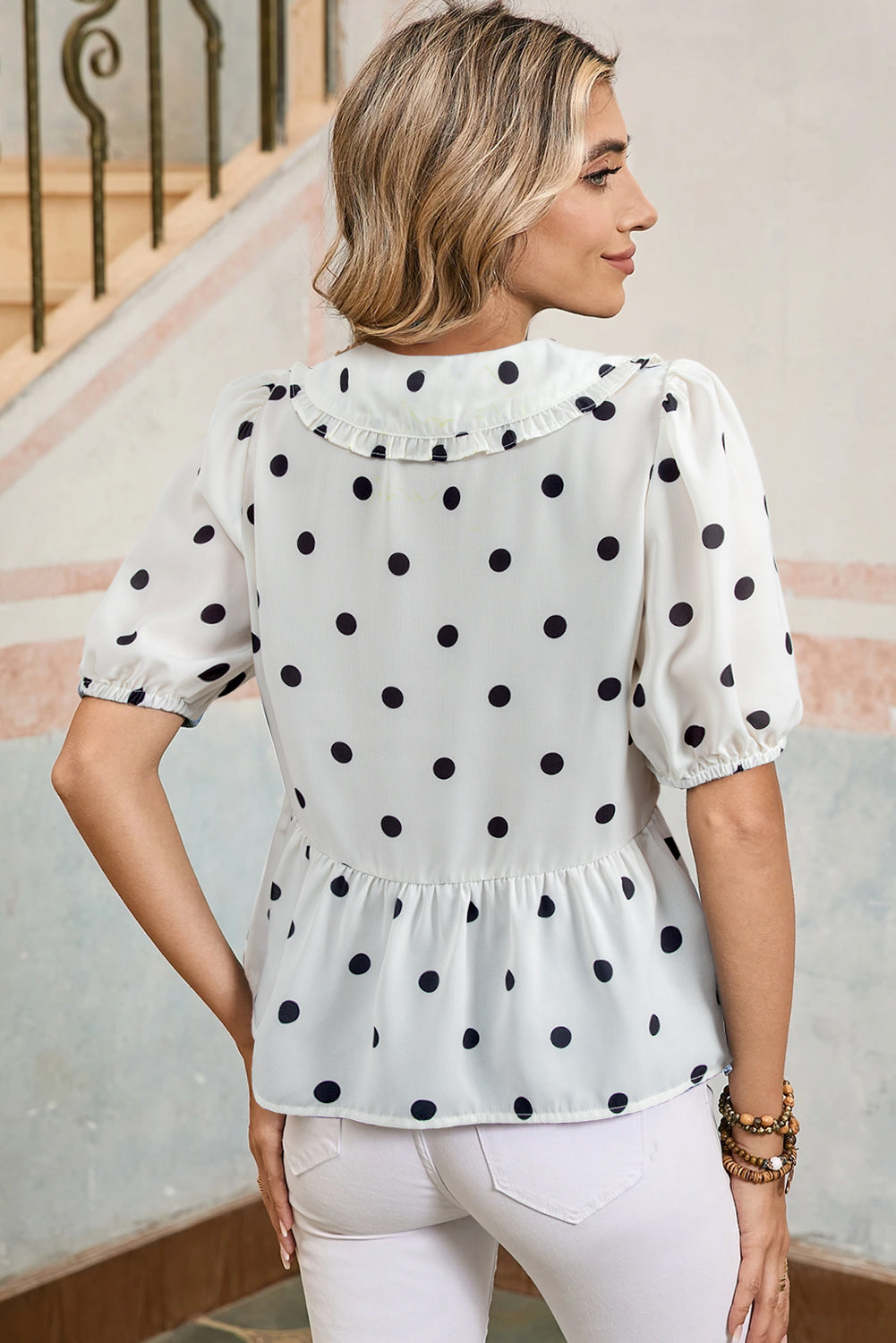 Polka Dot Collared Lace-Up Peplum Top