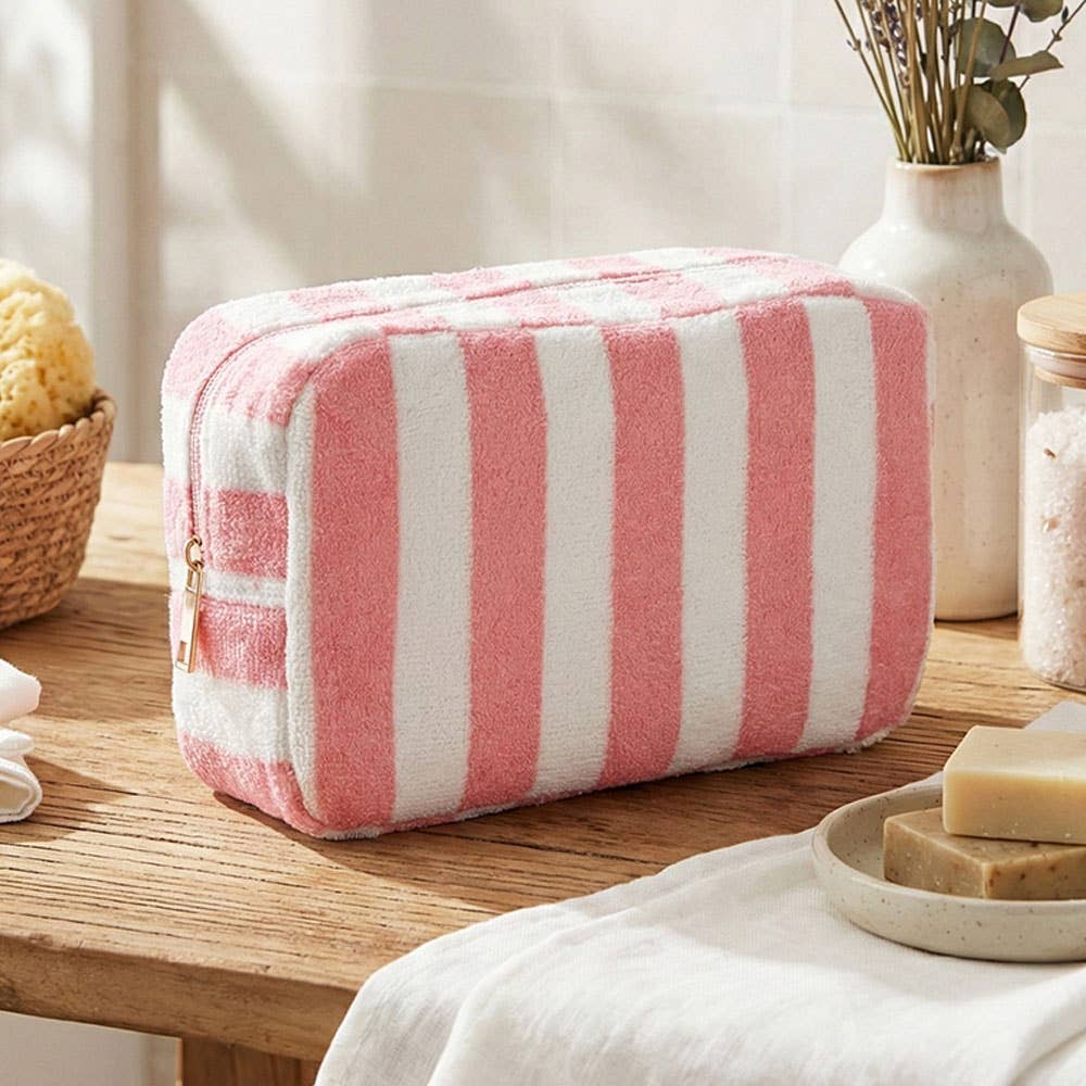 Pink Striped Terry Cloth Cosmetic Pouch