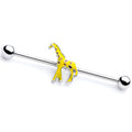 14G industrial barbell featuring a bright yellow and brown enamel giraffe charm on a stainless steel straight bar