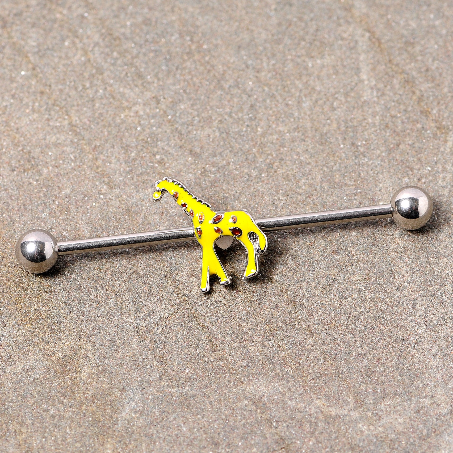 14G Giraffe Industrial Barbell with Yellow and Brown Charm - Image 2