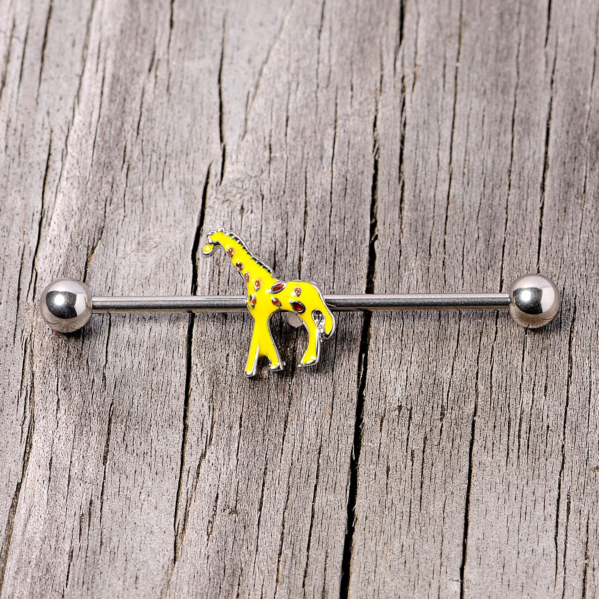 14G Giraffe Industrial Barbell with Yellow and Brown Charm - Image 3