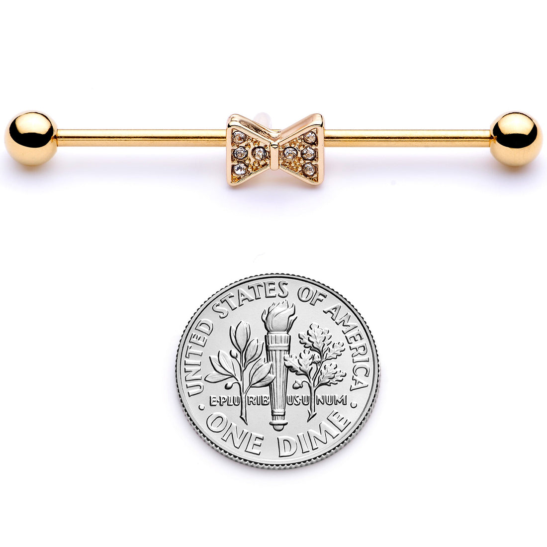 14G Clear Gem Gold Tone Bow Tie Industrial Barbell 38mm