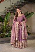 A floor-length lavender Anarkali gown in Fendy Satin with intricate embroidery and sequins, paired with a matching dupatta.