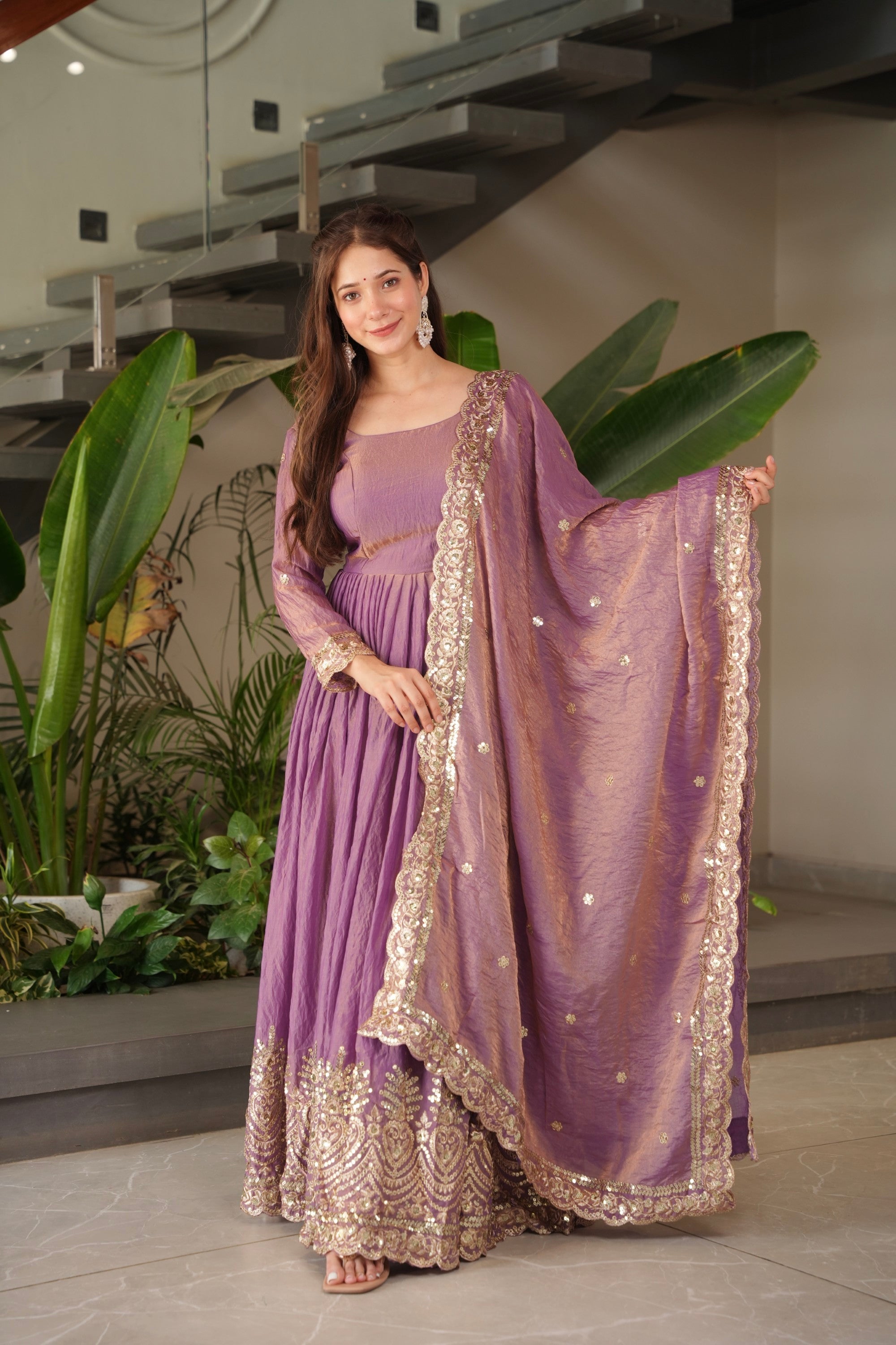 Lavender Fendy Satin Anarkali Gown with Embroidery & Sequins Work