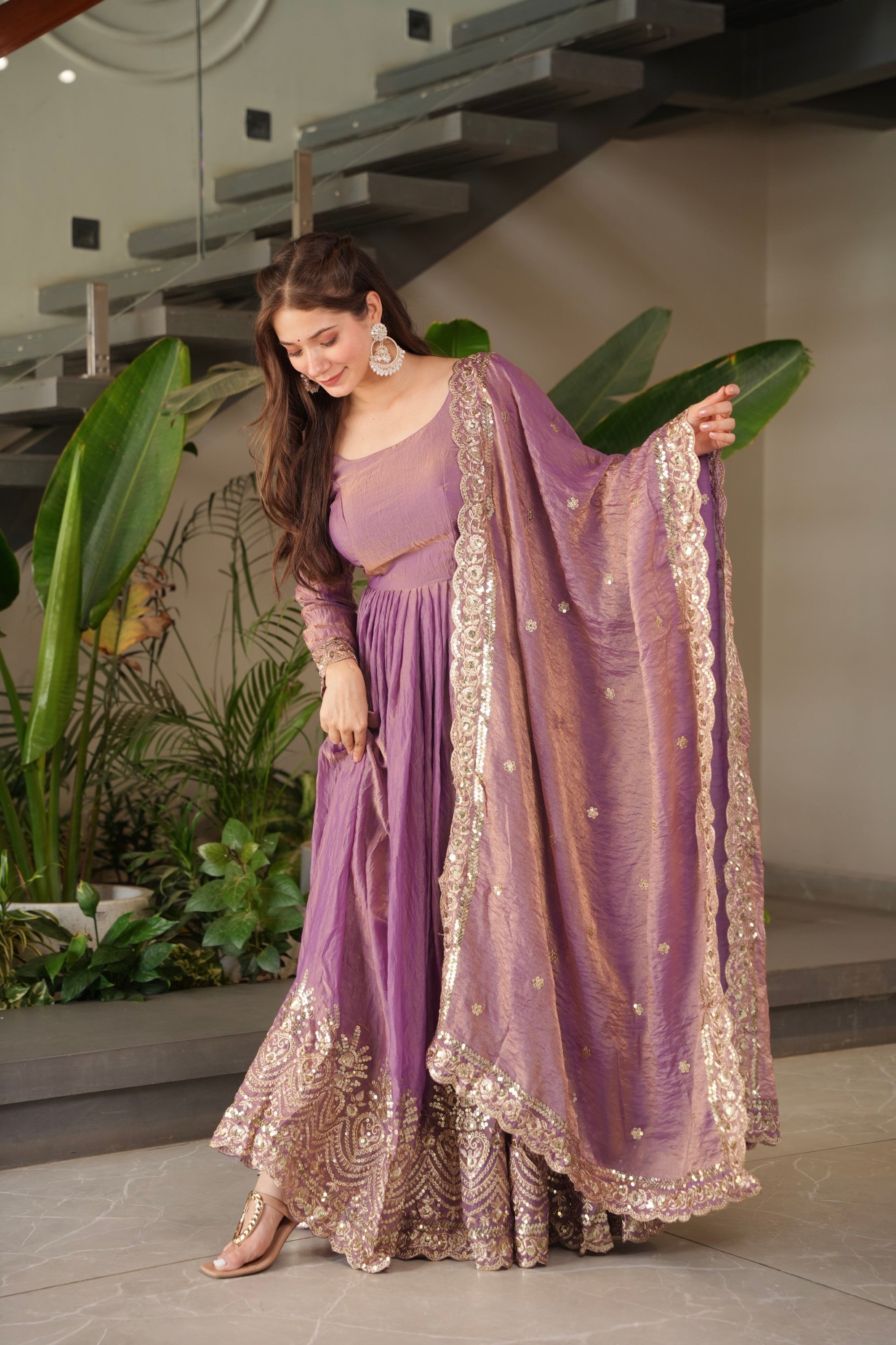 Lavender Fendy Satin Anarkali Gown with Embroidery & Sequins Work