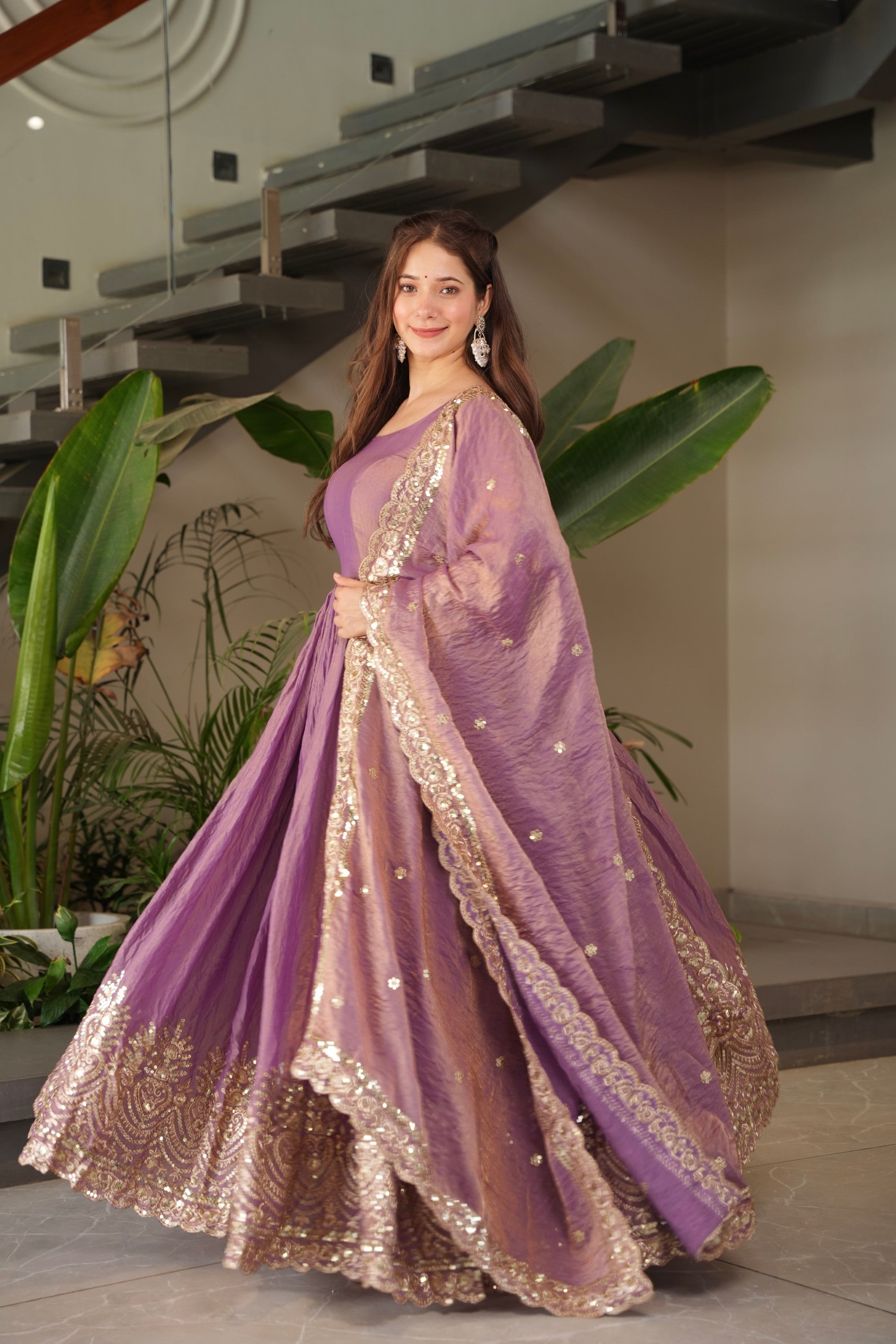 Lavender Fendy Satin Anarkali Gown with Embroidery & Sequins Work