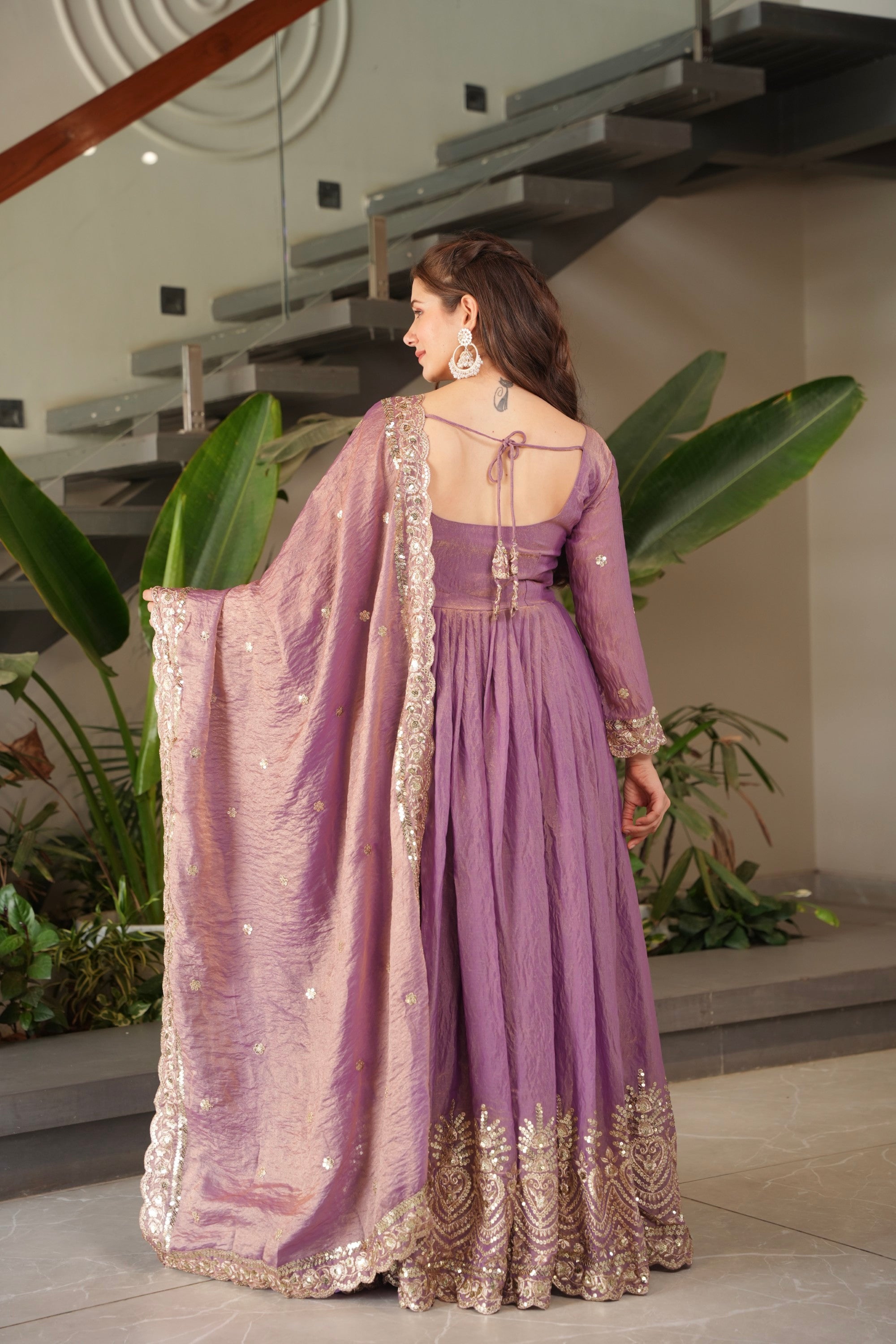 Lavender Fendy Satin Anarkali Gown with Embroidery & Sequins Work