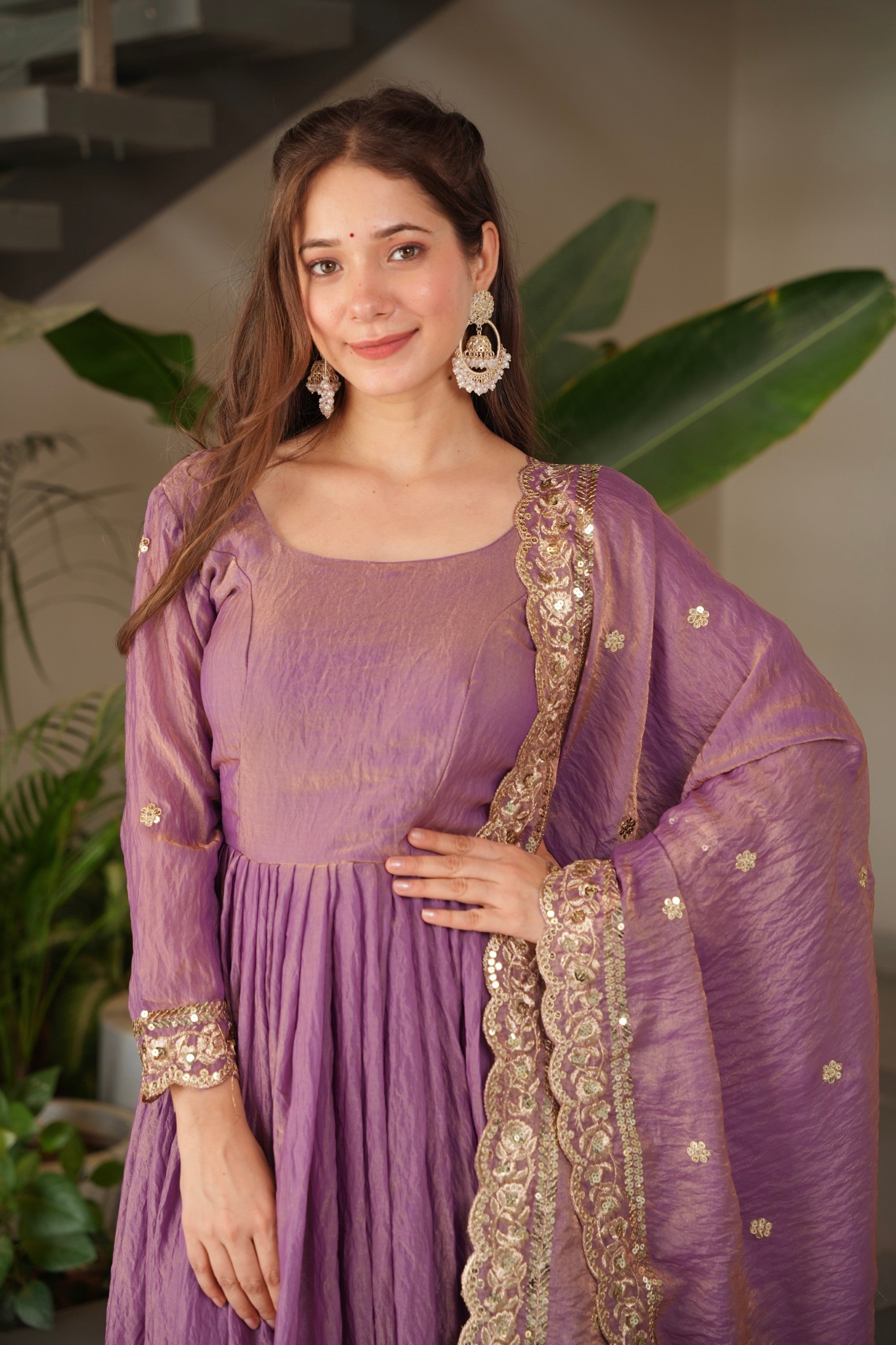 Lavender Fendy Satin Anarkali Gown with Embroidery & Sequins Work