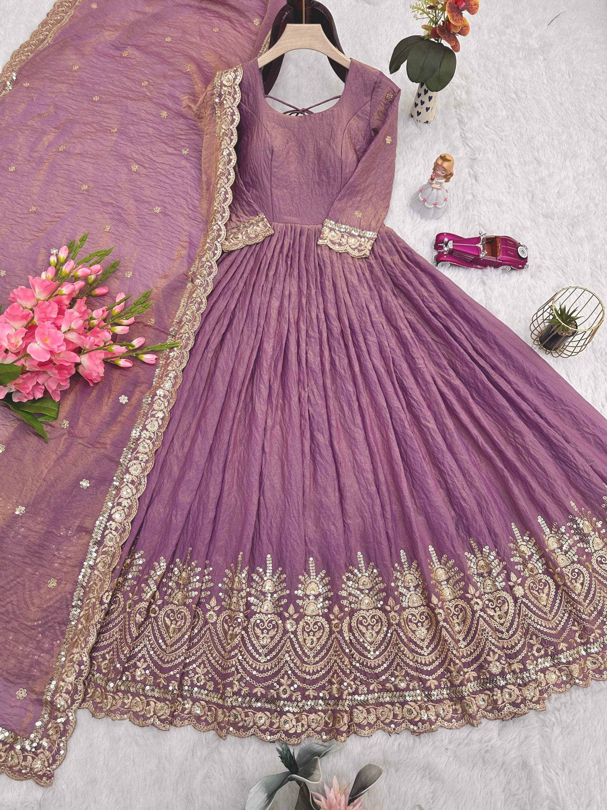 Lavender Fendy Satin Anarkali Gown with Embroidery & Sequins Work
