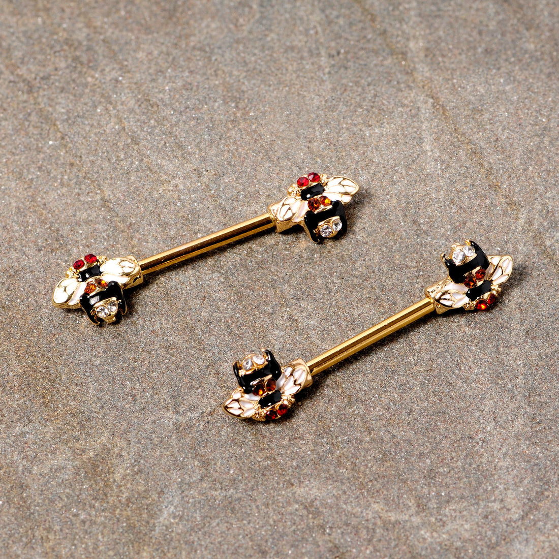 14G 9/16 Clear Yellow Gem Gold Tone Bee Barbell Nipple Ring Set
