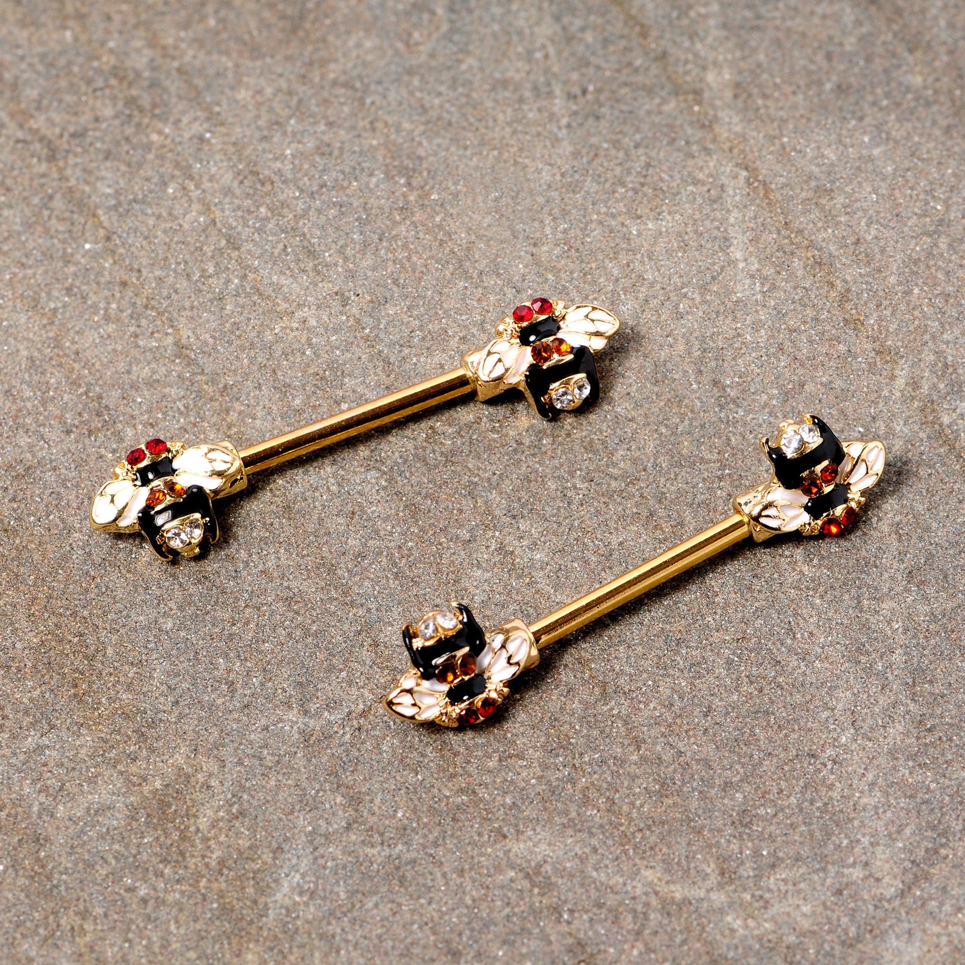 14G 9/16 Clear Yellow Gem Gold Tone Bee Barbell Nipple Ring Set