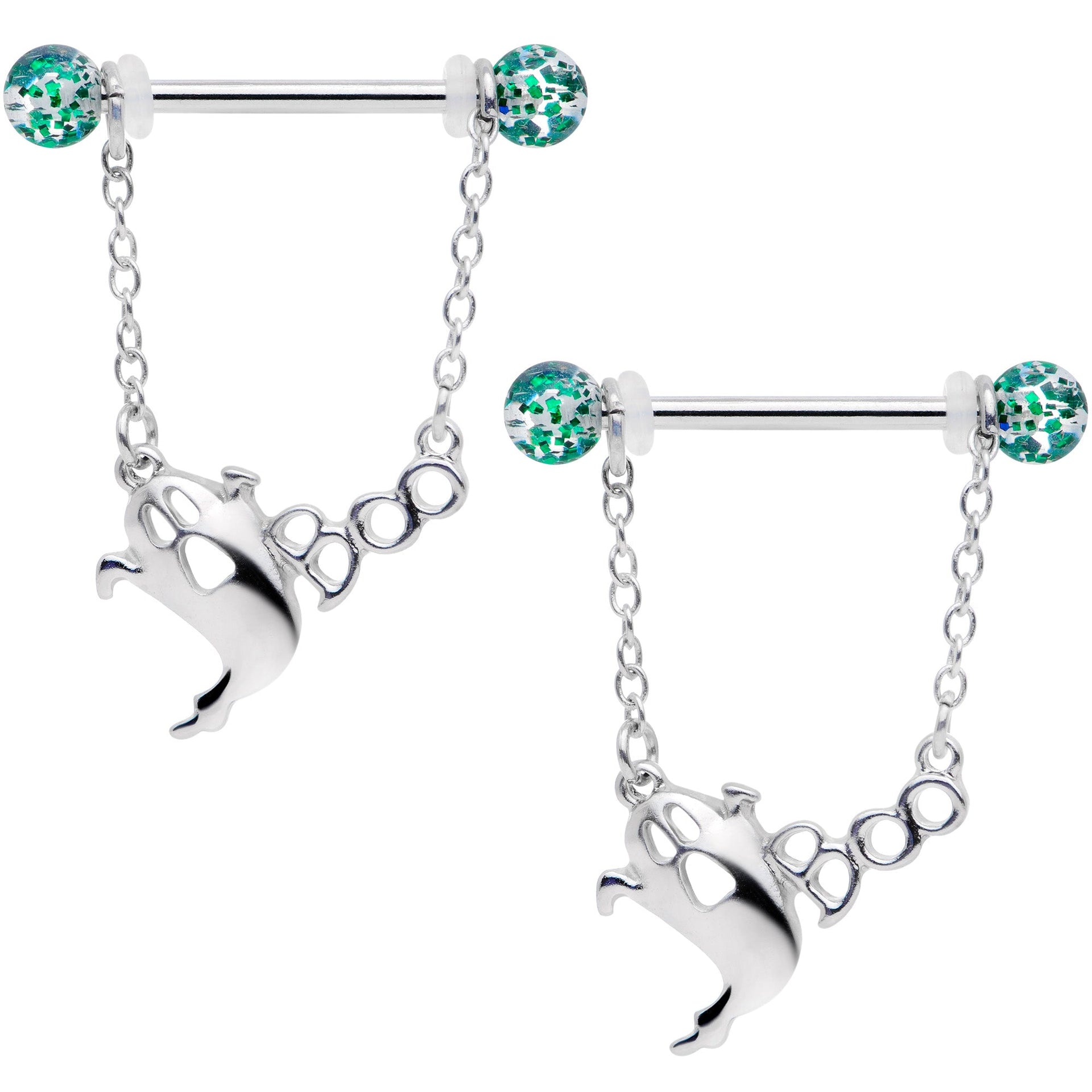 14G 5/8 UV Ball Boo Ghost Halloween Chain Dangle Nipple Ring Set