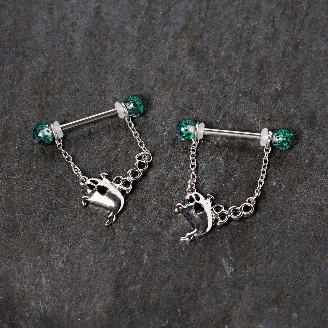 14G 5/8 UV Ball Boo Ghost Halloween Chain Dangle Nipple Ring Set