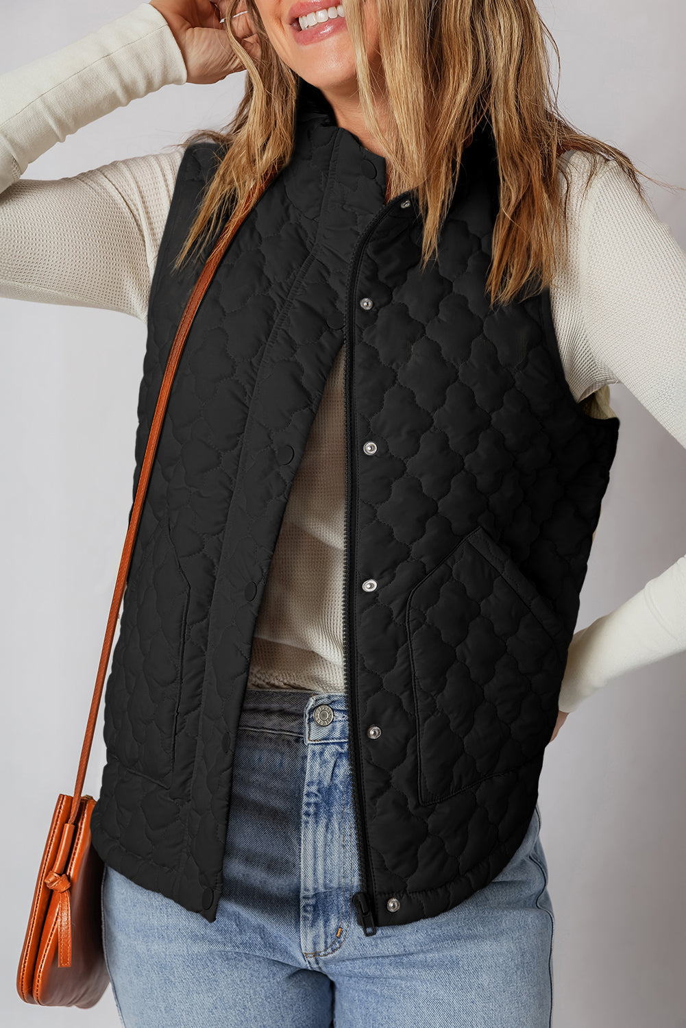 Women's Quilted Zip-Up Snap Button Vest - Relaxed Fit Outerwear