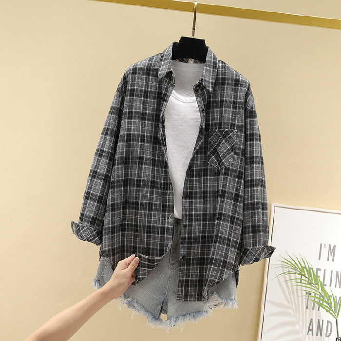 Loose Fit Cotton Plaid Long Sleeve Button-Up Shirt for Women - Image 6