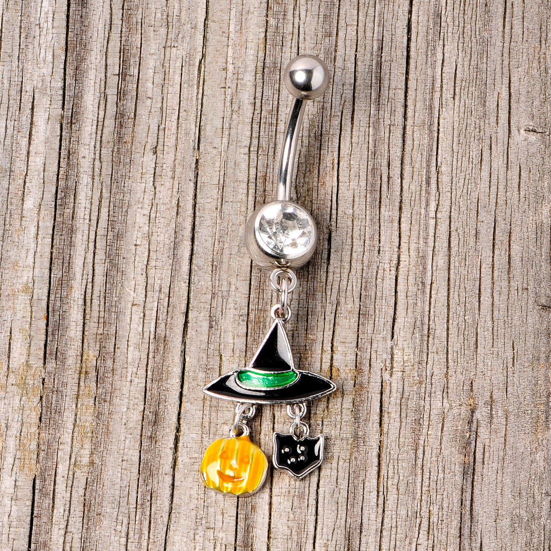 Clear Gem Witch Hat Bat Orange Pumpkin Halloween Dangle Belly Ring