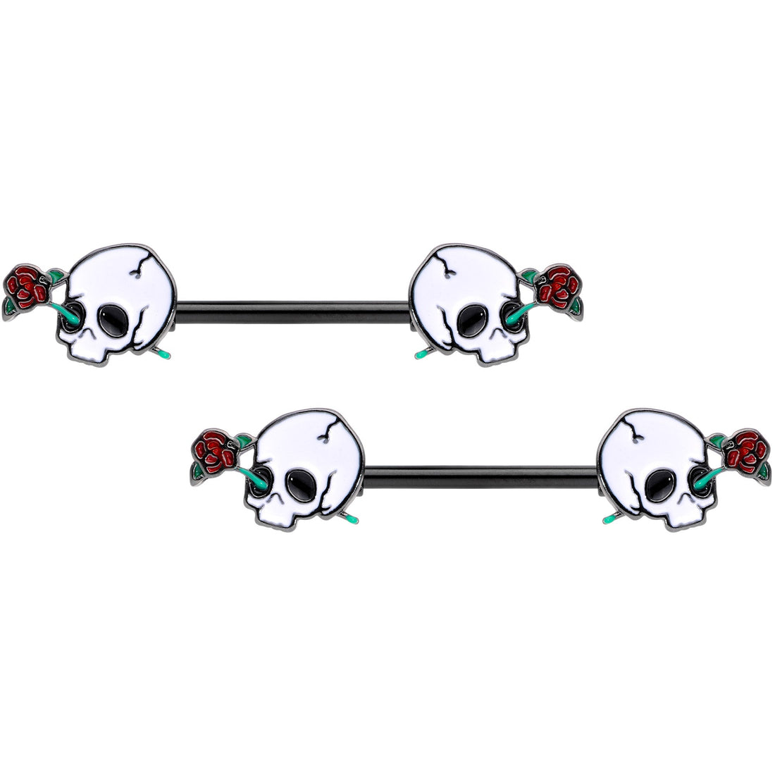 14G 9/16 Black PVD Rose Scary Skull Halloween Nipple Ring Set