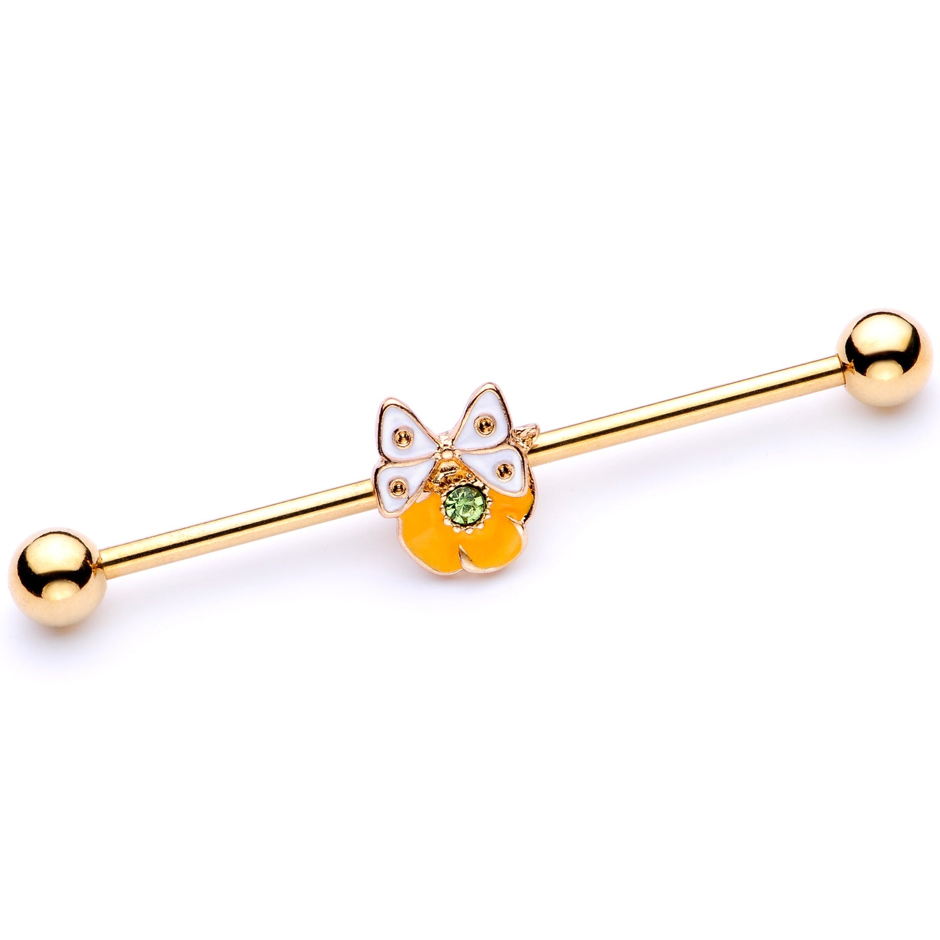 14G Green Gem Gold Tone Butterfly Flower Industrial Barbell 38mm